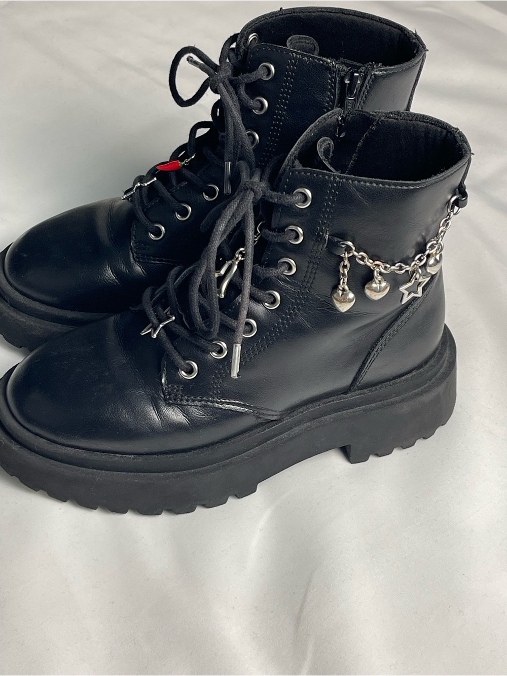 Zara Kids Black Combat Boots EU 32 Platform Ankle Boots Heart Star Charms